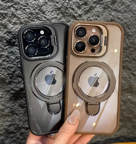 Magnetic Clear Case with Metal Ring Stand | Camera Lens Protector | Shockproof Slim Cover | Mag-Safe Compatible | Premium TPU Bumper - Black